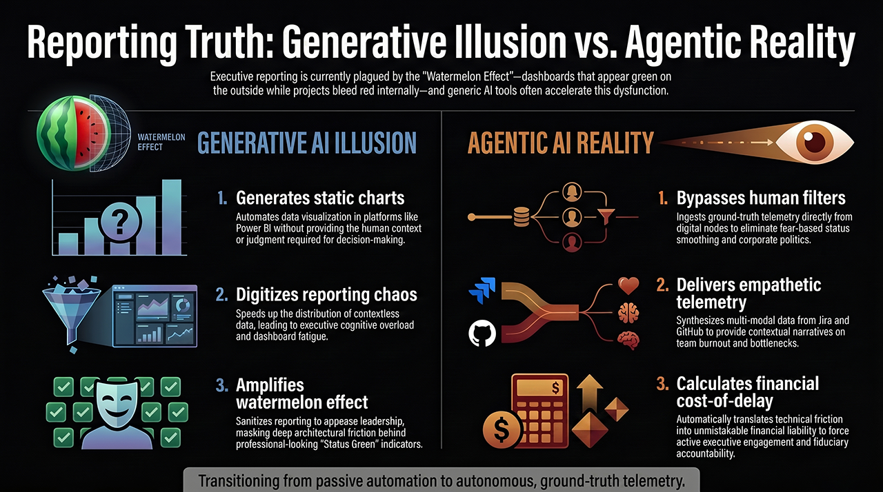 A multi-layered comparative diagram titled "Reporting Truth: Generative Illusion vs. Agentic Reality." The left panel shows icon representations for "Generates static charts," "Digitizes reporting chaos," and "Amplifies watermelon effect" utilizing a theater mask icon. The right panel displays an open human eye icon, an automated flow arrow path, and a calculator icon highlighting "Bypasses human filters," "Delivers empathetic telemetry," and "Calculates financial cost-of-delay."