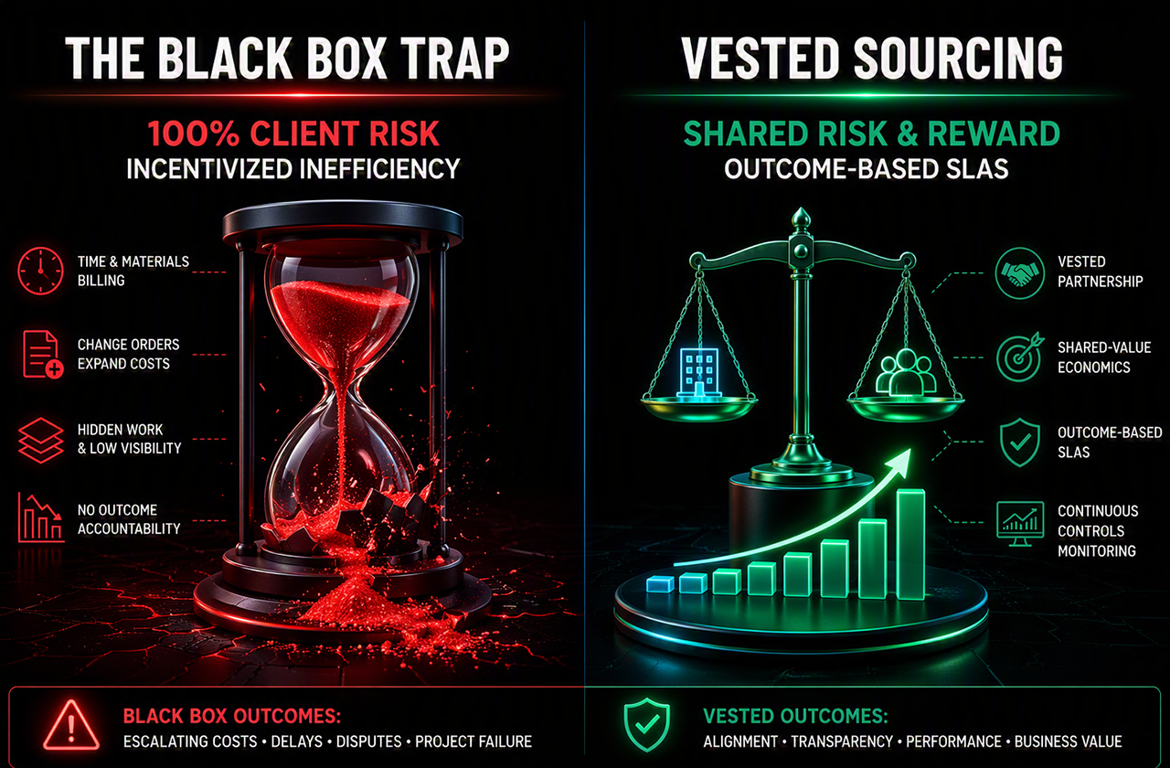 A highly legible corporate data-matrix diagram titled "The Black Box Trap vs. Vested Sourcing." The left side features a red theme displaying a glass hourglass with symbols for "Time & Materials Billing," "Change Orders," and "No Outcome Accountability" under a "100% Client Risk" heading. The right side features a green theme with a balanced scale icon displaying "Vested Partnership," "Shared-Value Economics," and "Continuous Controls Monitoring."