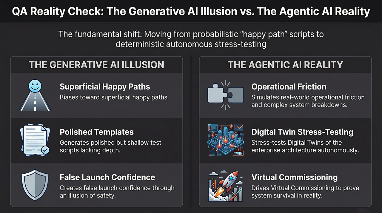 A split-screen dark-mode infographic titled "QA Reality Check: The Generative AI Illusion vs. The Agentic AI Reality." The left panel, shaded red, shows an icon of a road leading to a smiley face, titled "Superficial Happy Paths" and "Polished Templates" to illustrate false launch confidence. The right panel, shaded green, shows puzzle pieces and a rocket icon, titled "Operational Friction," "Digital Twin Stress-Testing," and "Virtual Commissioning" to demonstrate secure autonomous stress-testing.
