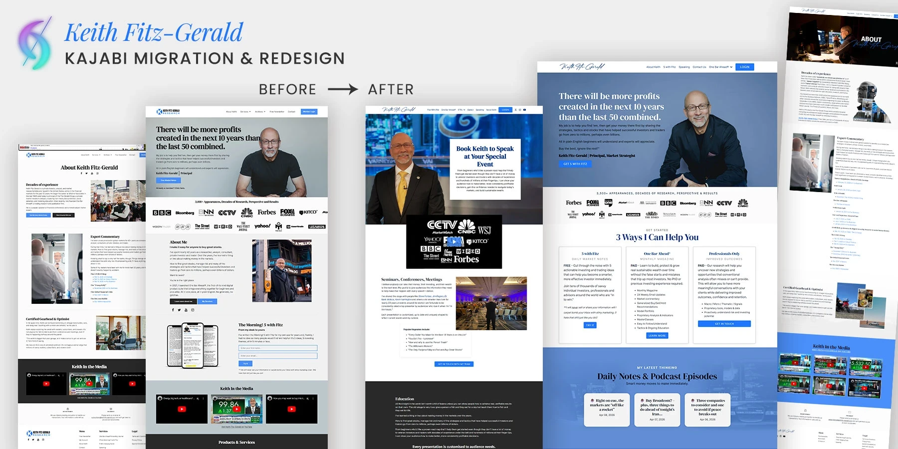 Before and after website migration and redesign for Keith Fitz-Gerald, moved from Shopify to Kajabi by vetted Kajabi Expert Dianne Empeynado