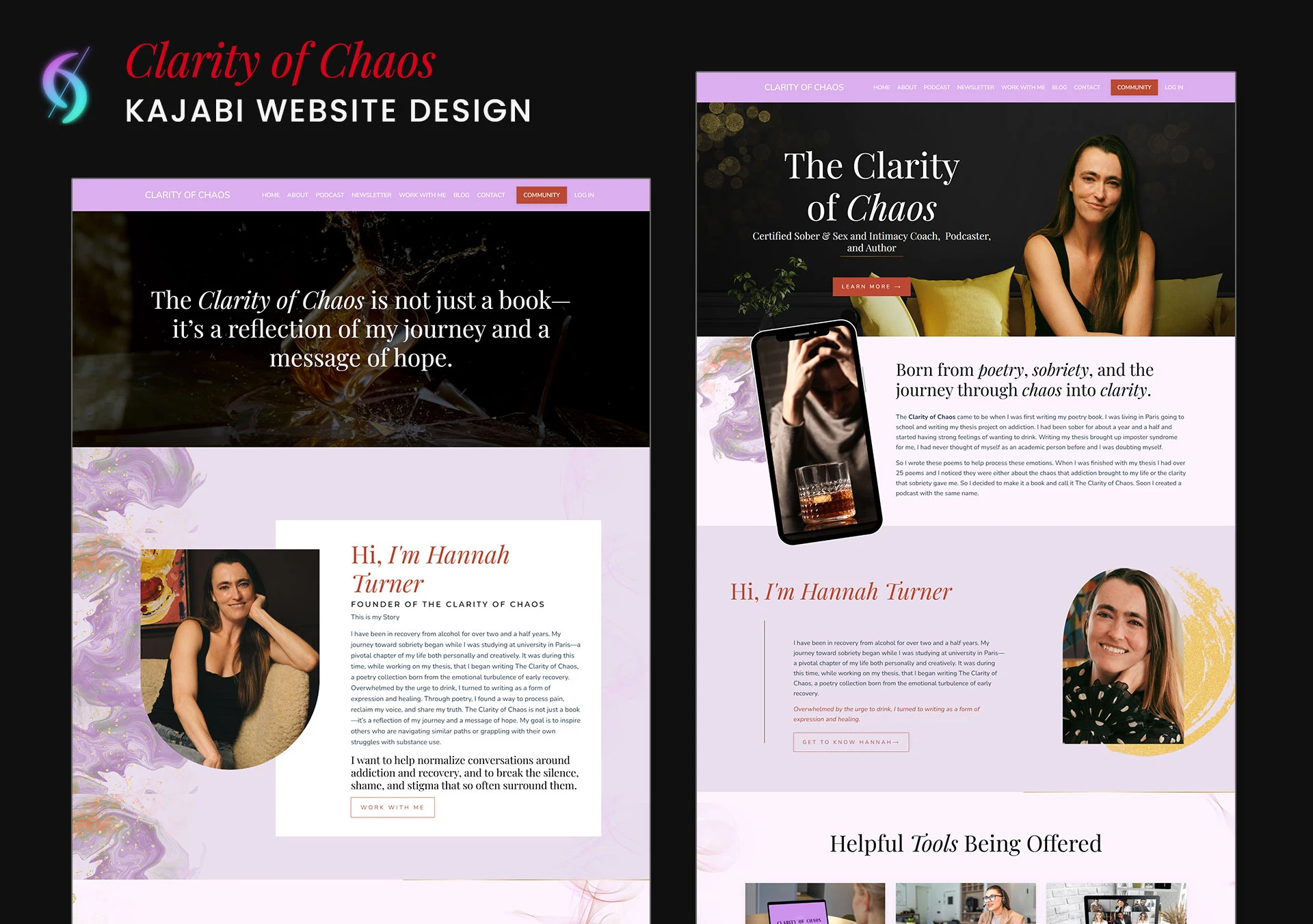 Best Kajabi custom website design for Clarity of Chaos by Hannah Turner, built by Dianne Empeynado