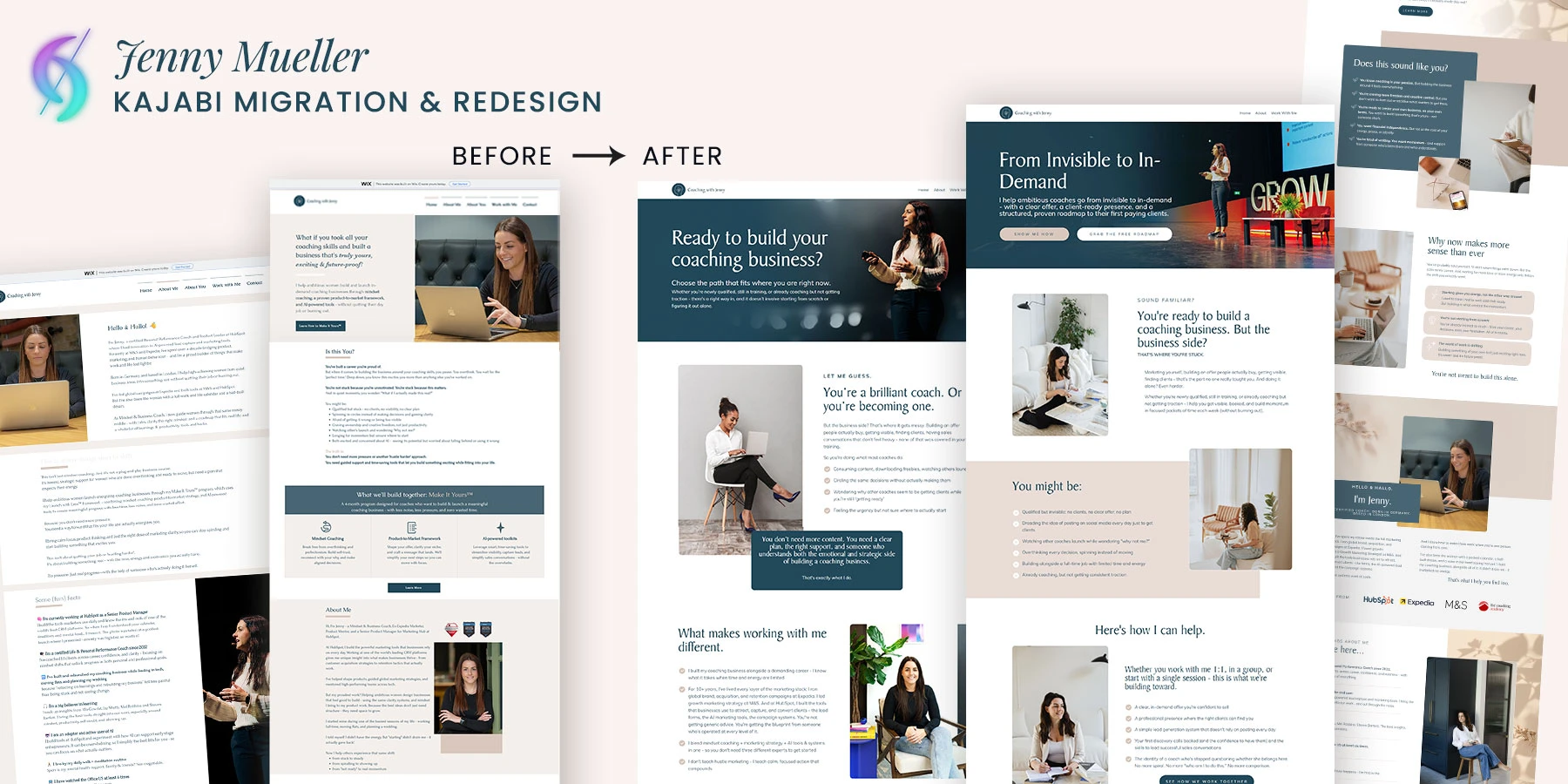 Before and after website migration and redesign for Coaching with Jenny by Jenny Mueller, moved from Wix to Kajabi by vetted Kajabi Expert Dianne Empeynado