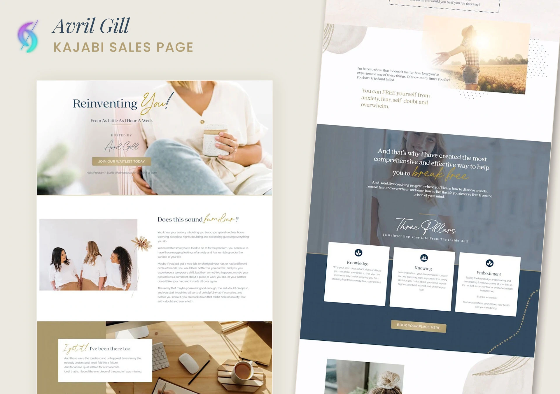 Best Kajabi custom offer page design for Reinventing You by Avril Gill, built by Dianne Empeynado