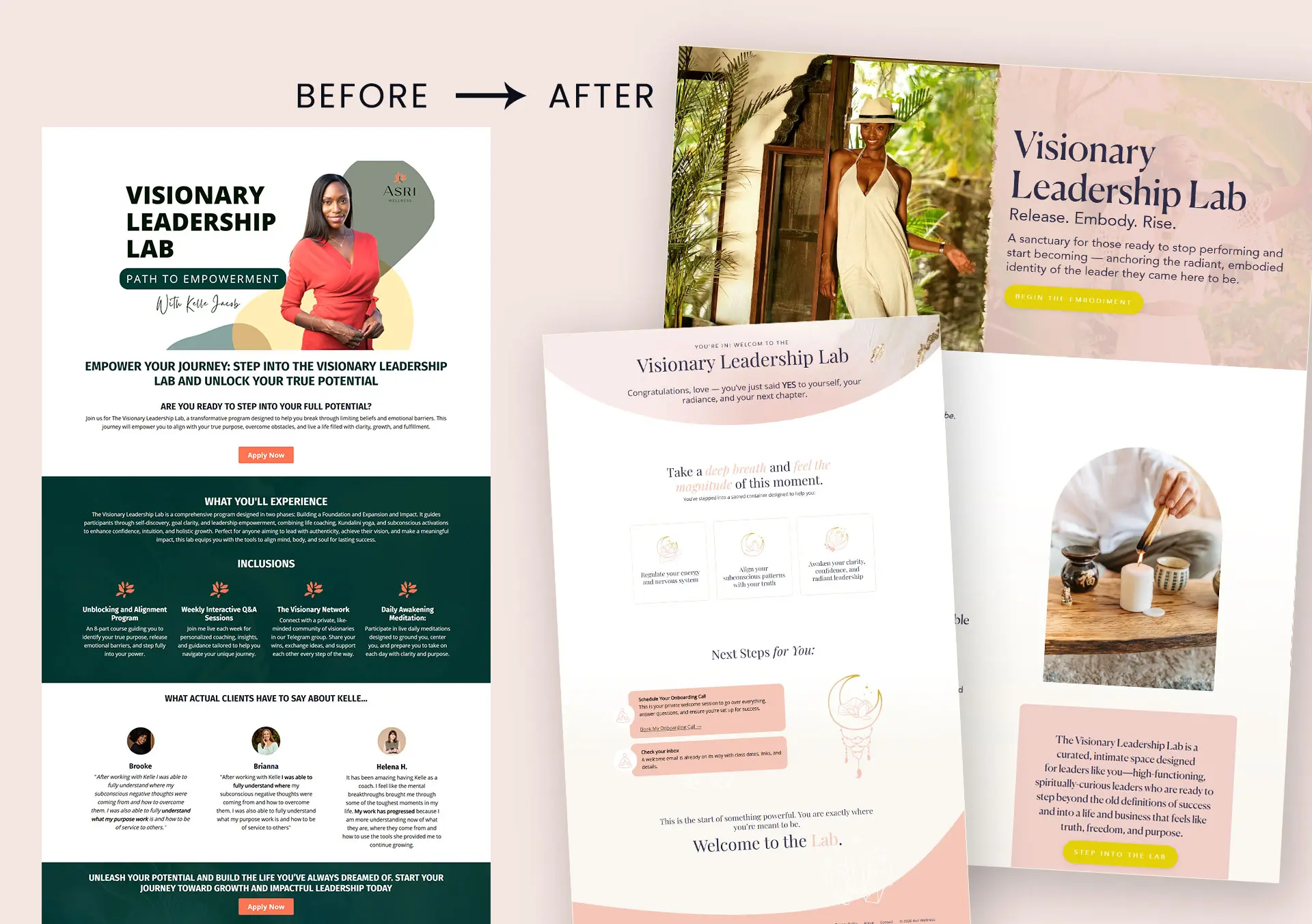 Before and after Kajabi funnel design for Visionary Leadership Lab, an offer page by Kelle Jacob of ASRI Wellness, built by Kajabi Expert Dianne Empeynado