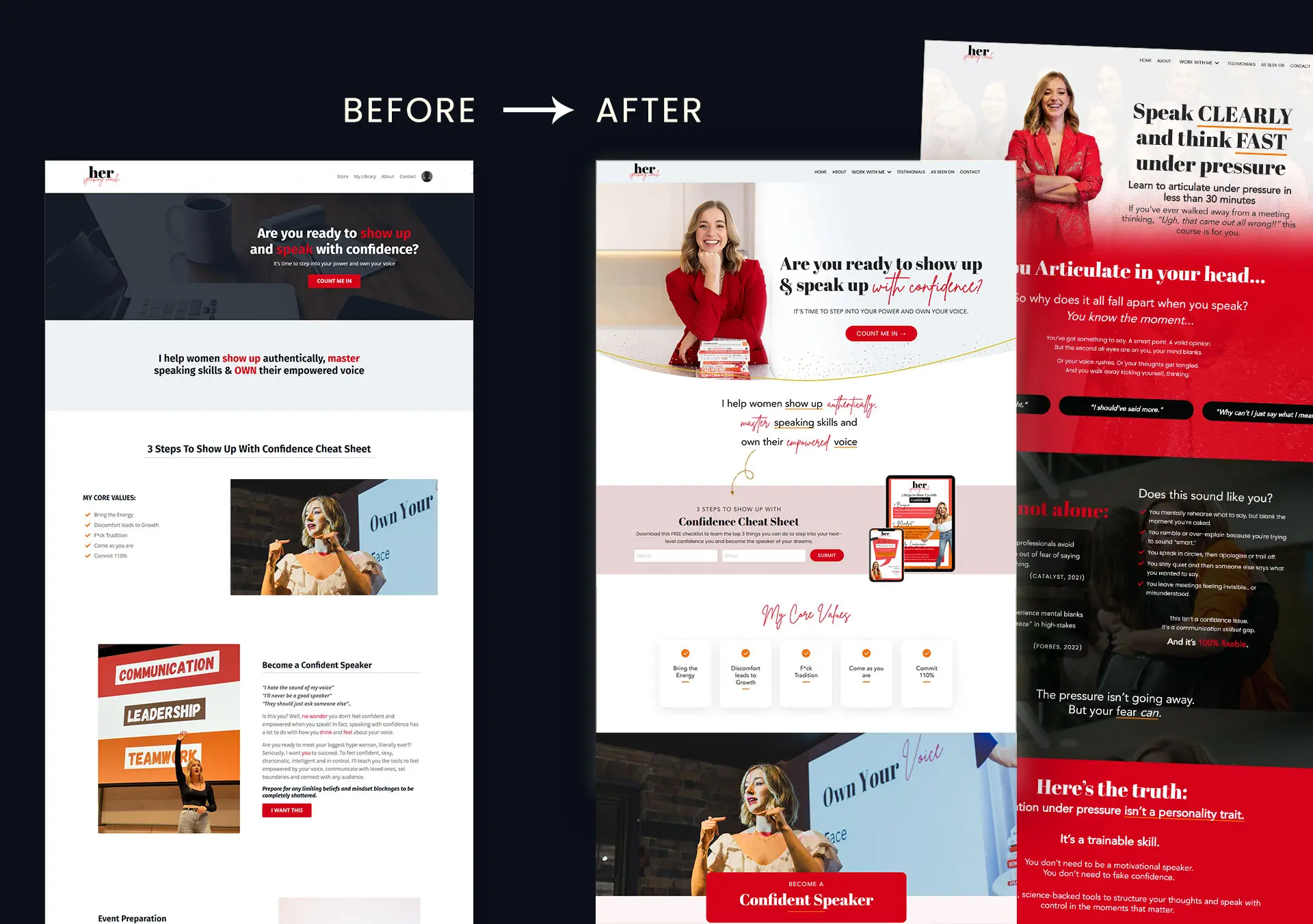 Before and after Kajabi website redesign for Annelise McCarthy, Director and Founder of Her Speaking Coach, by Kajabi Expert Dianne Empeynado