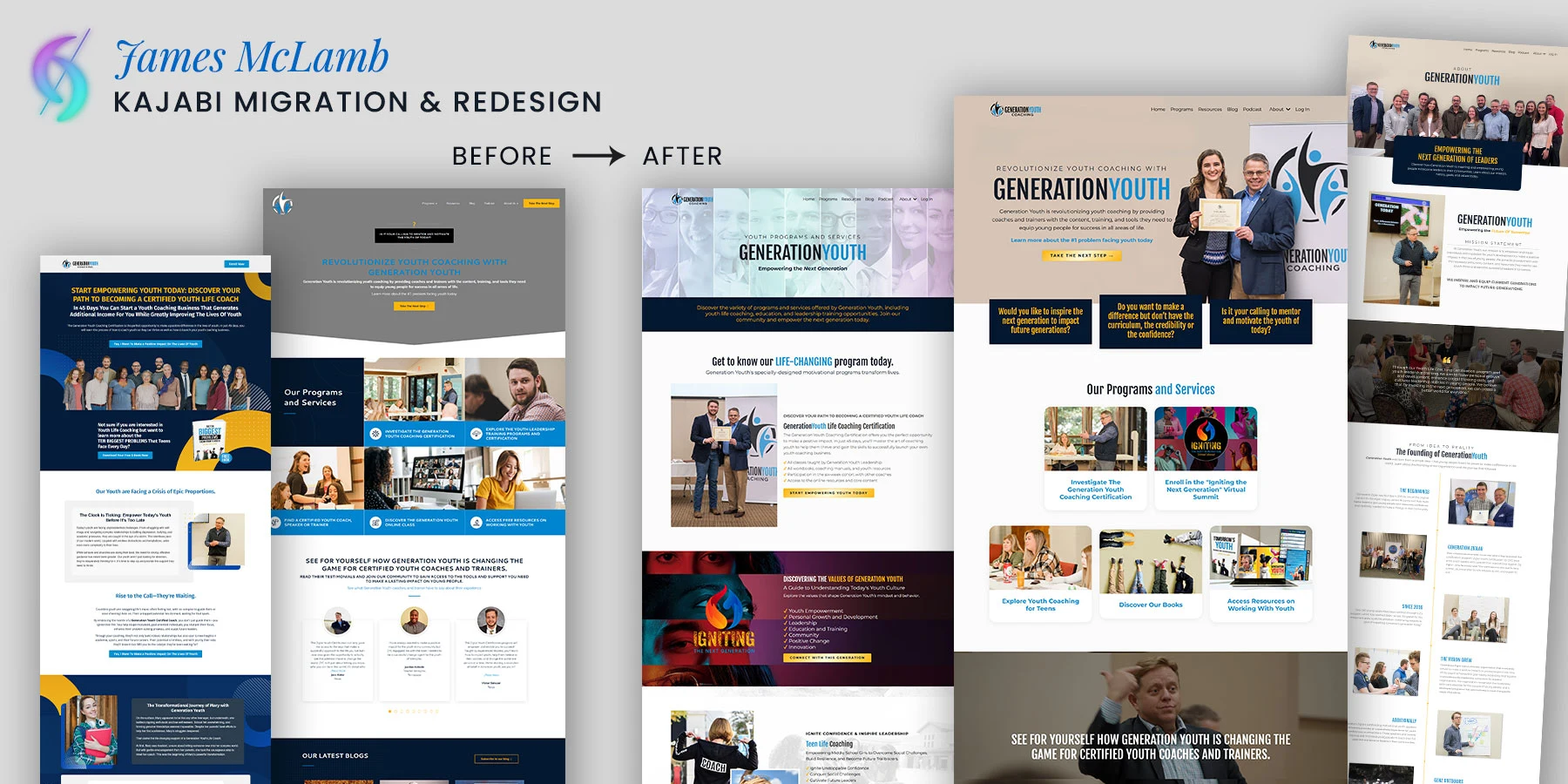 Before and after website migration and redesign for Generation Youth by James McLamb, moved from WordPress to Kajabi by vetted Kajabi Expert Dianne Empeynado