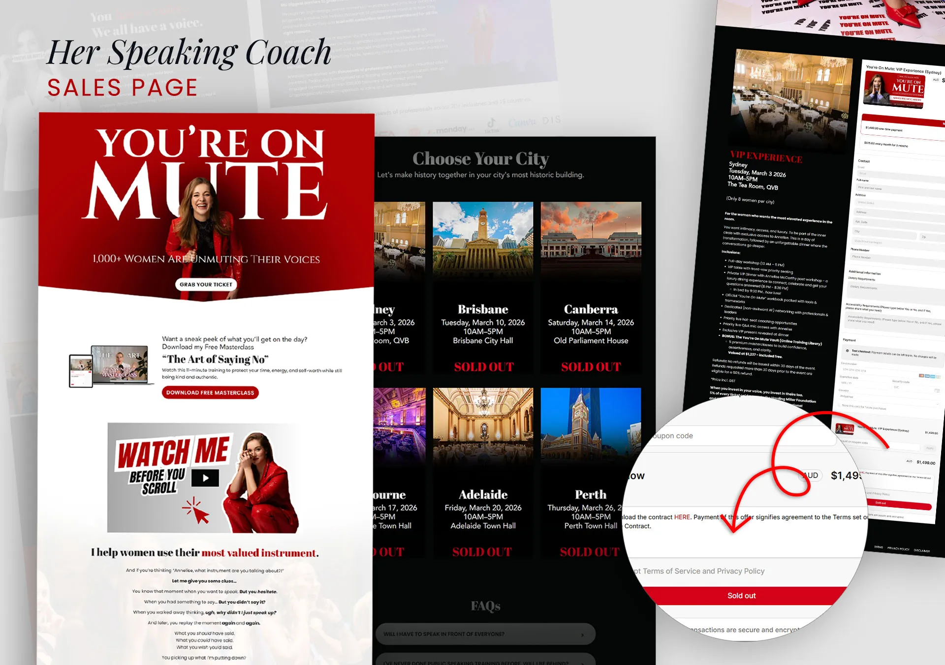 Kajabi sales page showing sold-out Australian Tour 2026 event