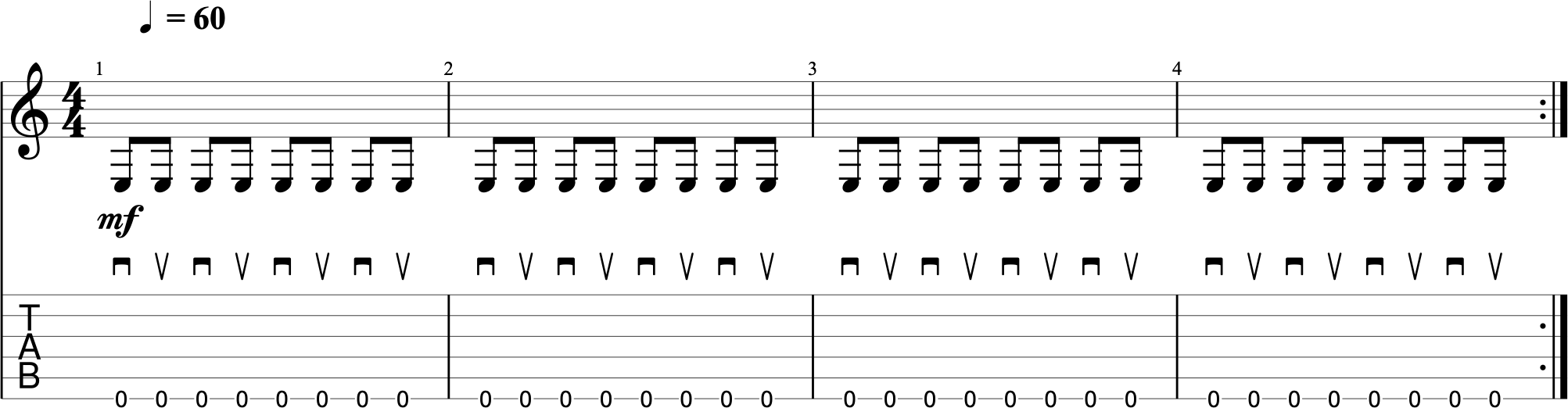 Alternate picking TAB: open low E string, alternating downstrokes and upstrokes in sixteenth notes, four notes per beat at 60 BPM.