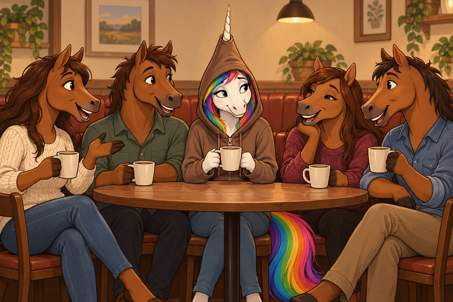 A rainbow-maned unicorn in a brown hoodie shares coffee with brown horses.