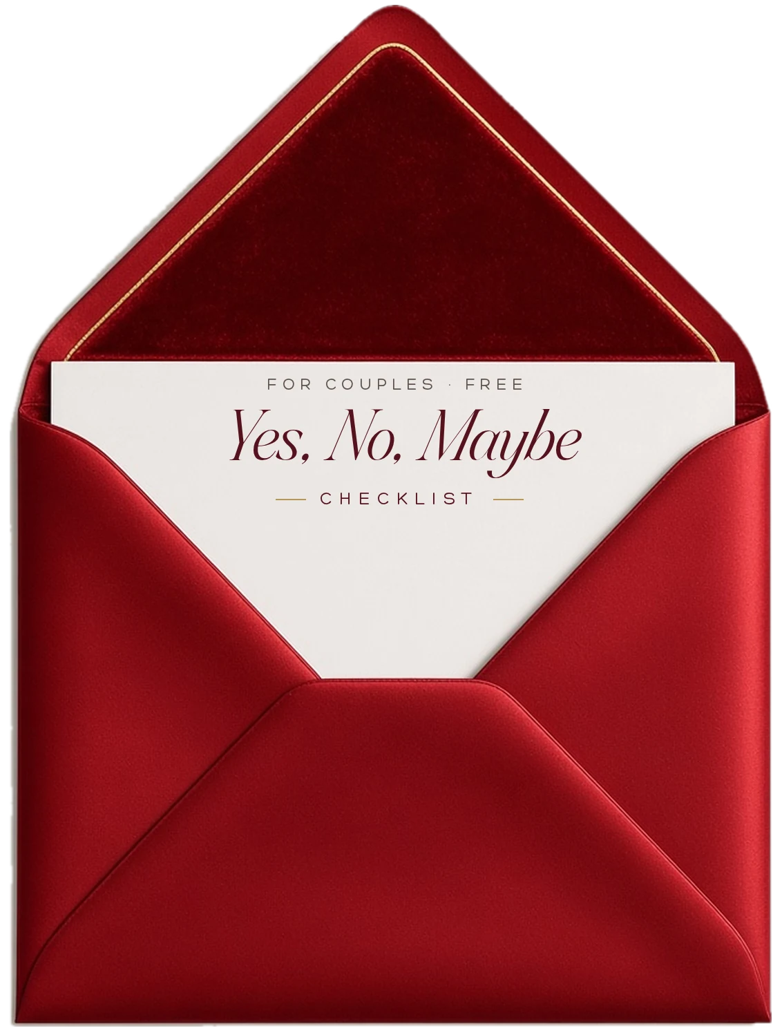 The Yes, No, Maybe Checklist, free for couples: an ivory card in a red satin envelope