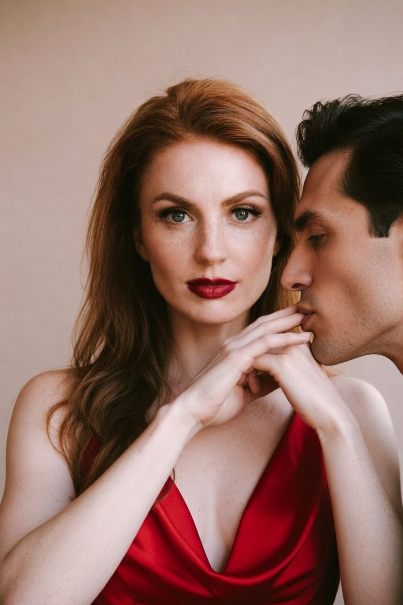 A woman with auburn hair in a red silk dress gazes into the camera as a man kisses her fingertips