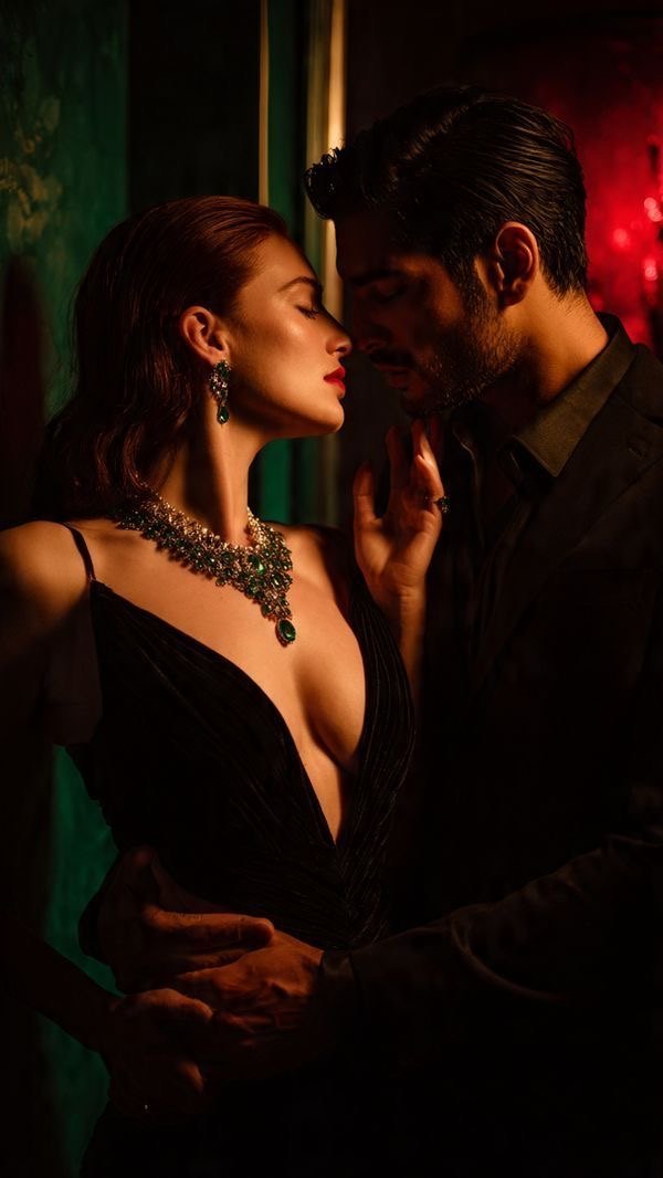 A man and a woman in a black gown stand close in low red light, her eyes closed as he leans in