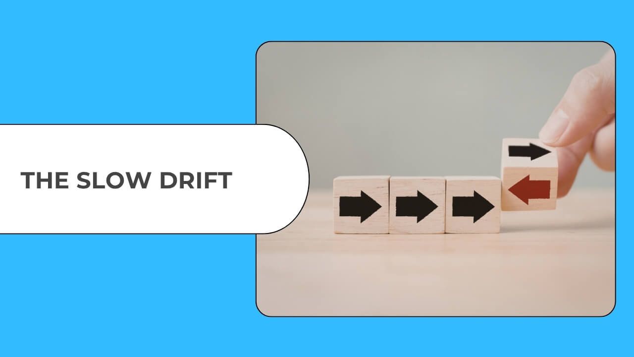 Wooden blocks with arrows shifting direction representing slow drift and small changes in direction over time