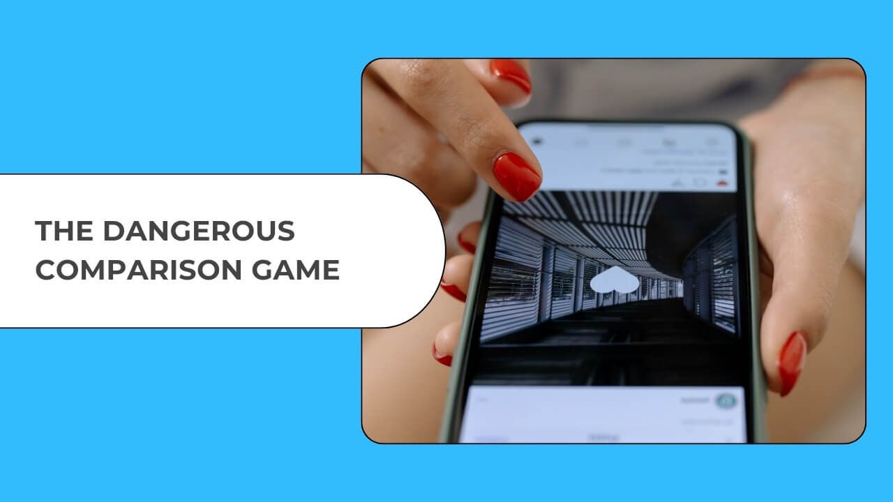 Close-up of person holding phone with social media image, highlighting the theme of online comparison