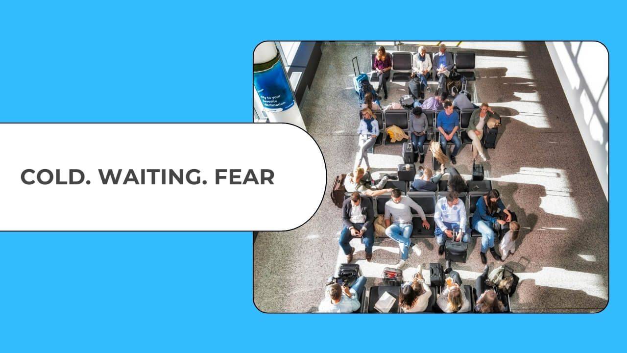 People sitting quietly in an airport waiting area, symbolising patience, discomfort and the tension of waiting.