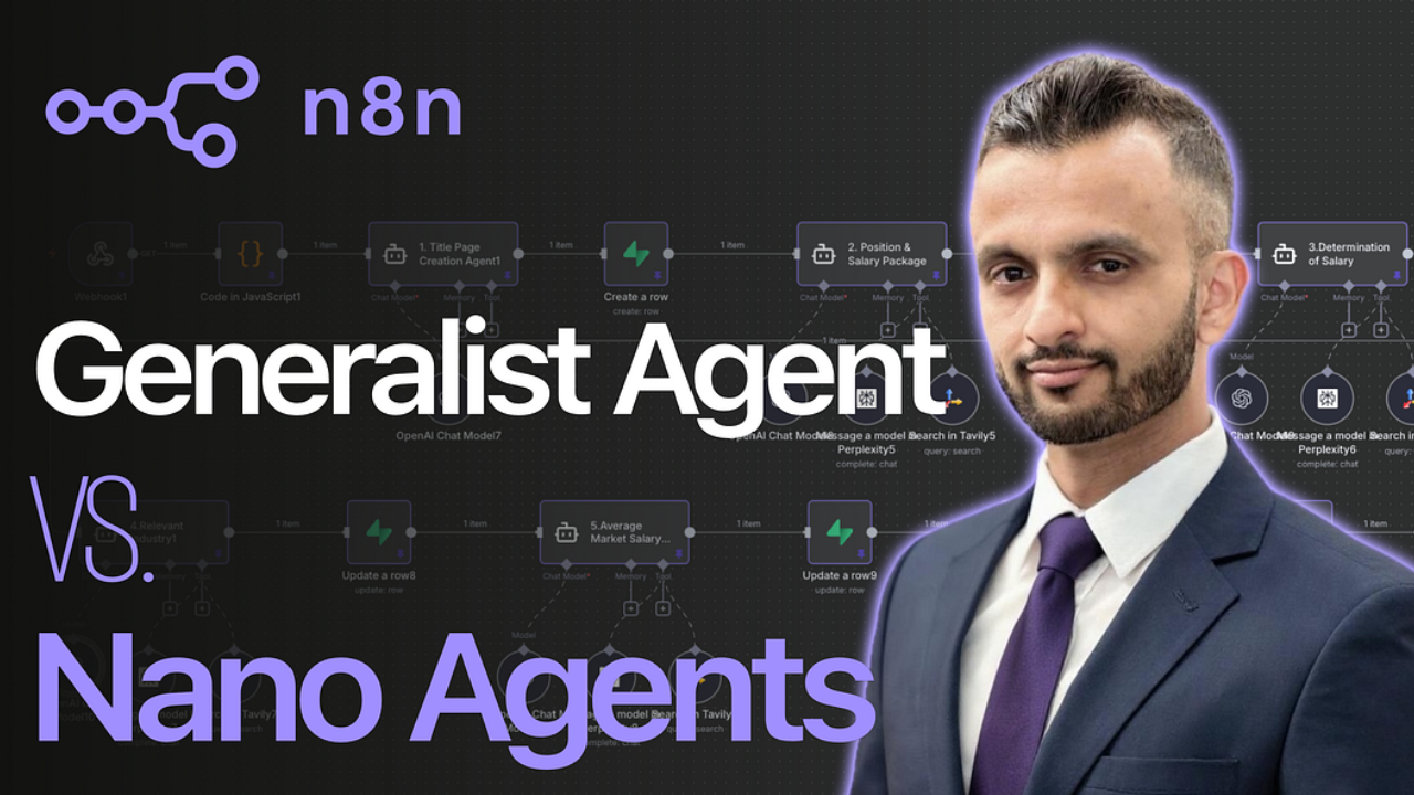 Robotic arms building miniature AI agents, symbolizing the nanoagent versus generalist AI debate.