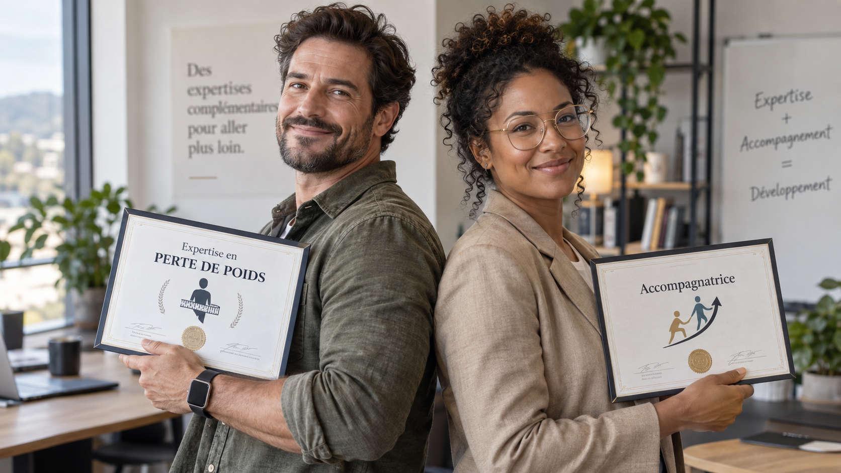 Deux personnes complices, dos à dos, souriant à la caméra. L'homme tient un diplôme d'expertise en perte de poids et la femme, en blazer, un diplôme d'accompagnatrice. Chacun garde son propre domaine d'expertise, ce qui illustre qu'un accompagnement accélère votre développement sans jamais remplacer l'expertise qui vous appartient.