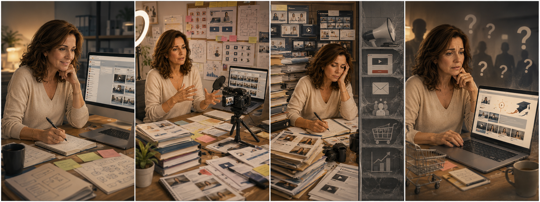 Bande dessin&eacute;e en quatre cases. Dans la premi&egrave;re, Marie commence &agrave; r&eacute;diger ses le&ccedil;ons. Dans la deuxi&egrave;me, elle tourne ses vid&eacute;os de le&ccedil;ons. Dans la troisi&egrave;me, elle est &eacute;puis&eacute;e par son travail de contenu et n&eacute;glige le marketing et la vente. Dans la derni&egrave;re, elle s'inqui&egrave;te de la viabilit&eacute; de son projet.