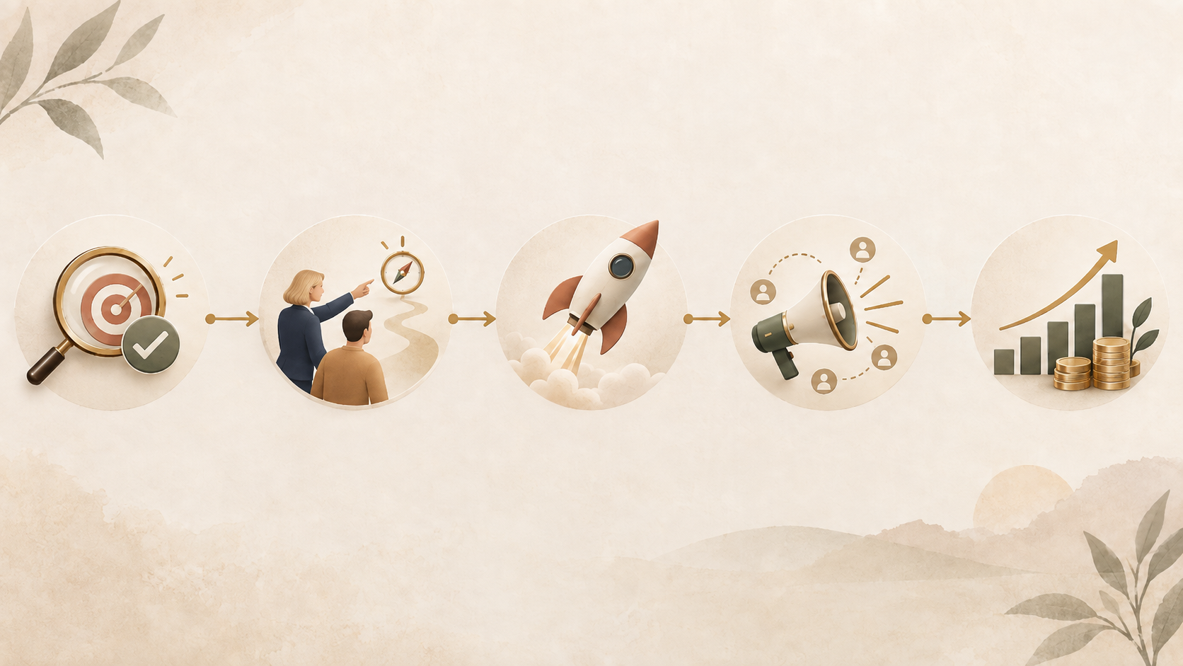 Ligne du temps illustrée par des icônes qui montre le chemin vers les revenus, soit la validation du marché, puis l'accompagnement personnalisé, le lancement, l'énergie investie dans le marketing et finalement les revenus.