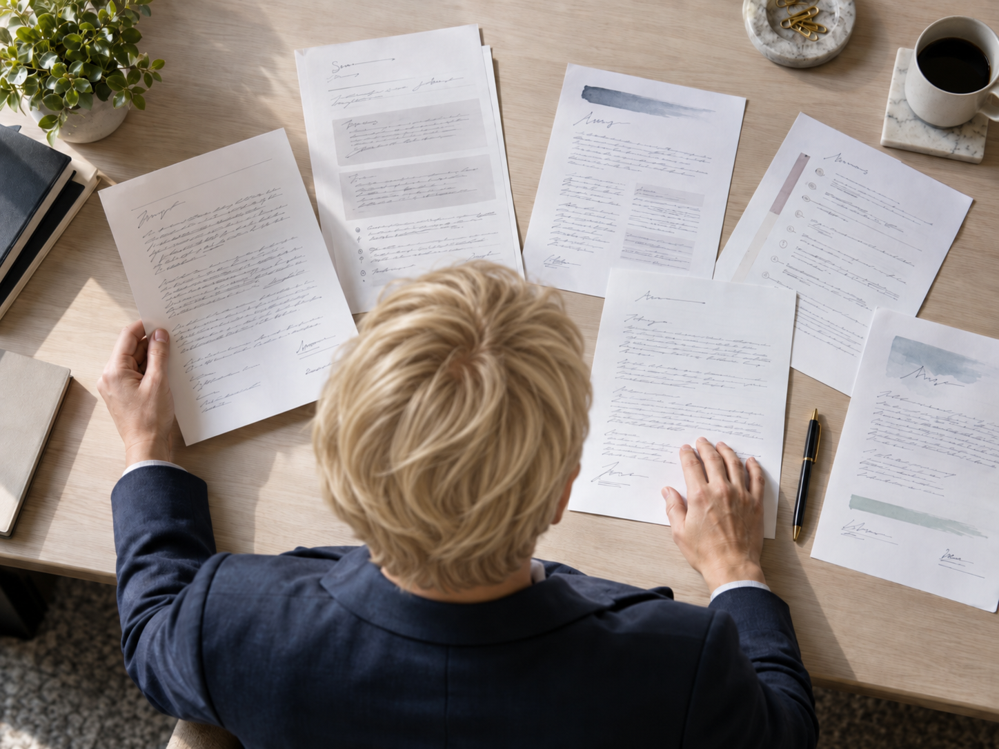 Vue en plongée derrière une personne attablée devant plusieurs contrats visiblement différents les uns des autres, étalés côte à côte. La comparaison elle-même est ce qui révèle ce qui manque d'un document à l'autre.
