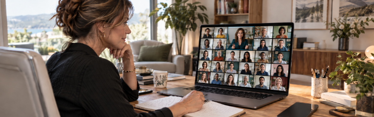 Une personne assise devant son ordinateur pendant un appel Zoom de coaching de groupe réunissant plus de vingt participants.