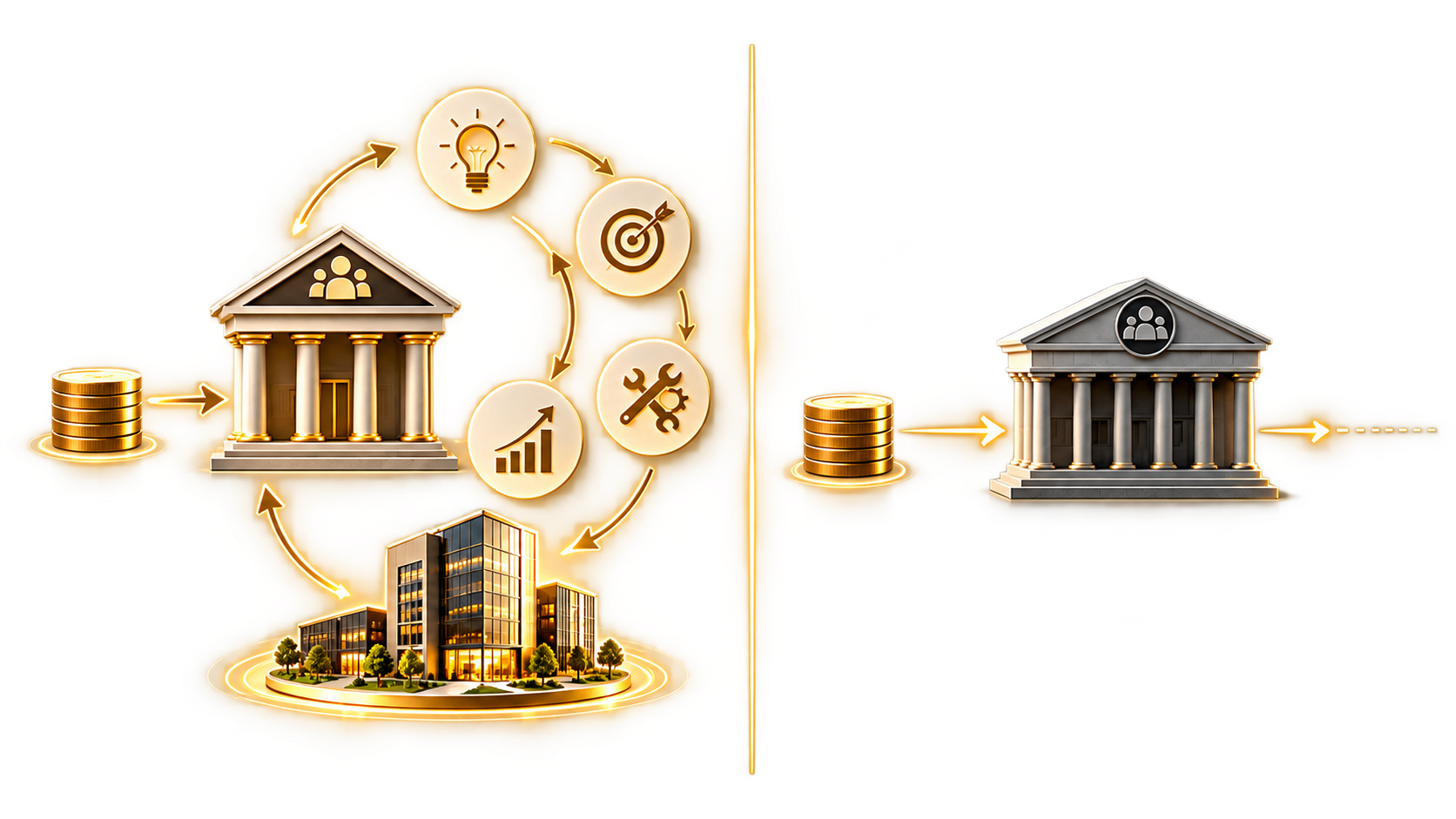Illustration comparant un investissement dans un accompagnement reconnu, qui génère compétences et croissance, à une somme versée sans retour pour l'entreprise.