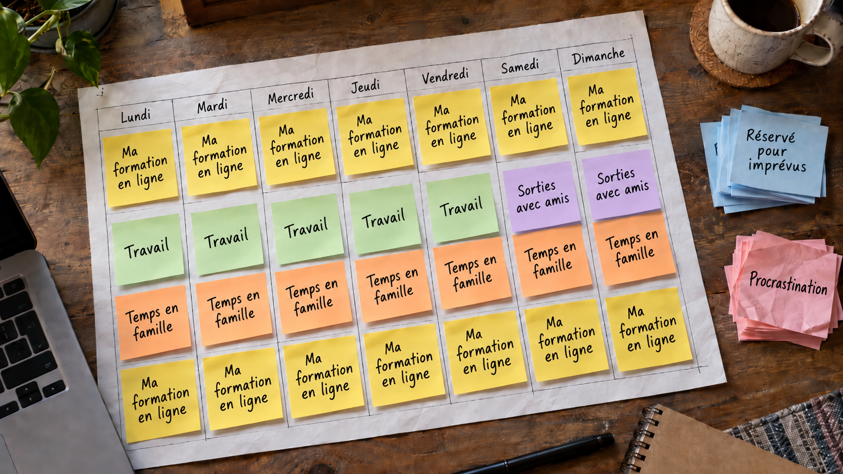 Calendrier hebdomadaire couvert de post-it. Les post-it jaunes &laquo; Ma formation en ligne &raquo; occupent le haut et le bas de chaque journ&eacute;e, soit le matin et le soir. Les post-it verts &laquo; Travail &raquo; sont au centre des jours de semaine, avec des post-it orange &laquo; Temps en famille &raquo; juste en dessous. Les post-it bleus &laquo; R&eacute;serv&eacute; pour impr&eacute;vus &raquo; et les post-it roses &laquo; Procrastination &raquo; sont repouss&eacute;s sur le c&ocirc;t&eacute; du calendrier, sans plage horaire attribu&eacute;e. Le samedi et le dimanche n'ont aucun &laquo; Travail &raquo;, mais du temps en famille, des post-it mauves &laquo; Sorties avec amis &raquo; au centre et &laquo; Ma formation en ligne &raquo; au matin comme au soir.