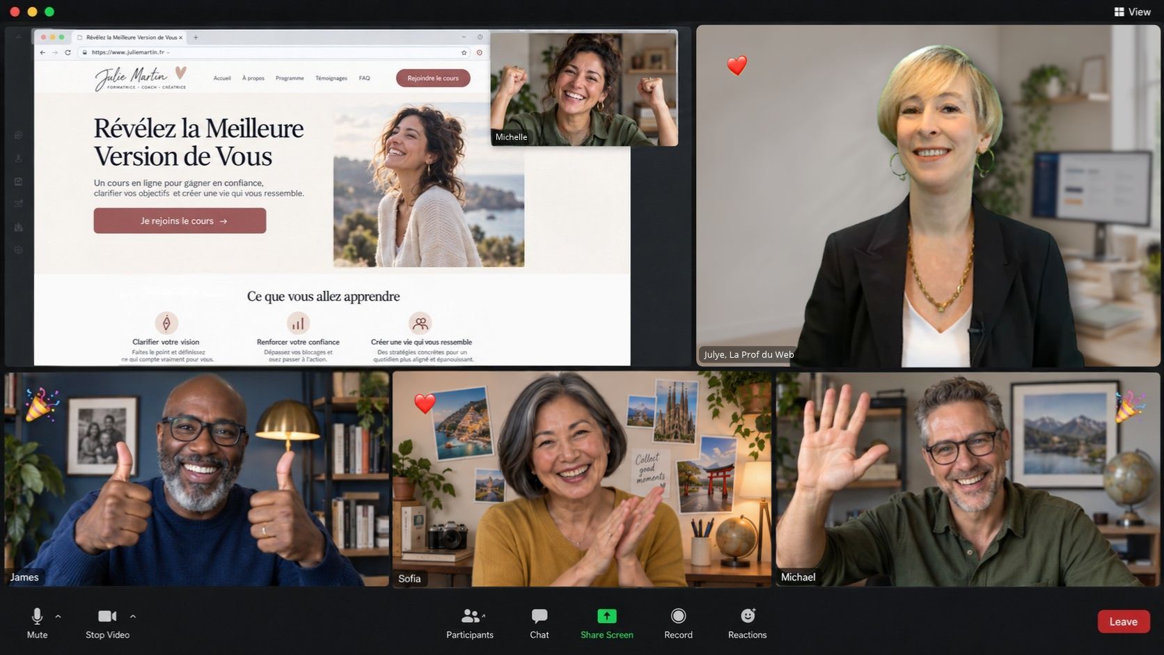 Interface d'une rencontre Zoom o&ugrave; une coach et 4 participants c&eacute;l&egrave;brent le partage d'&eacute;cran d'une personne qui pr&eacute;sente sa page de vente termin&eacute;e.