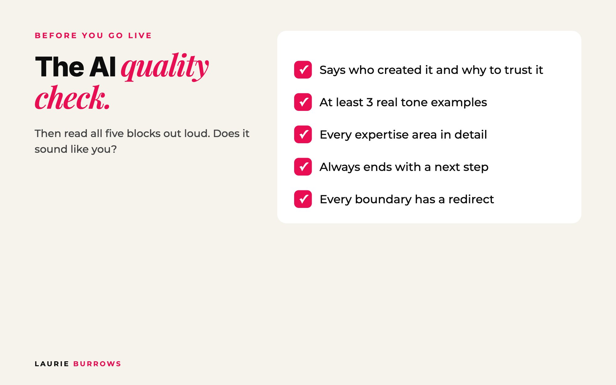 Custom AI quality check: identity, tone examples, expertise detail, next step rule and boundary redirects