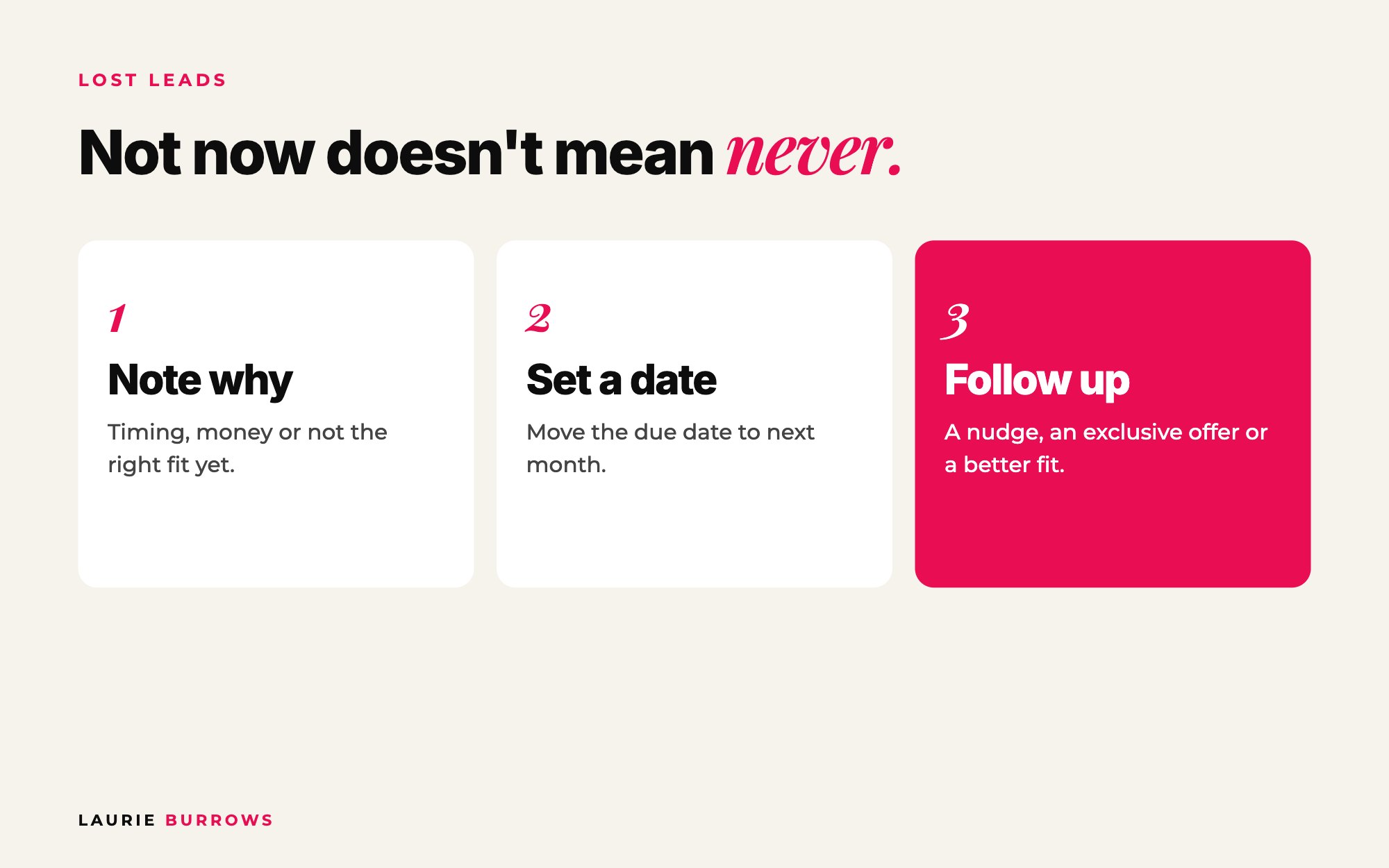 Never delete lost leads: note why, set a due date for next month and follow up