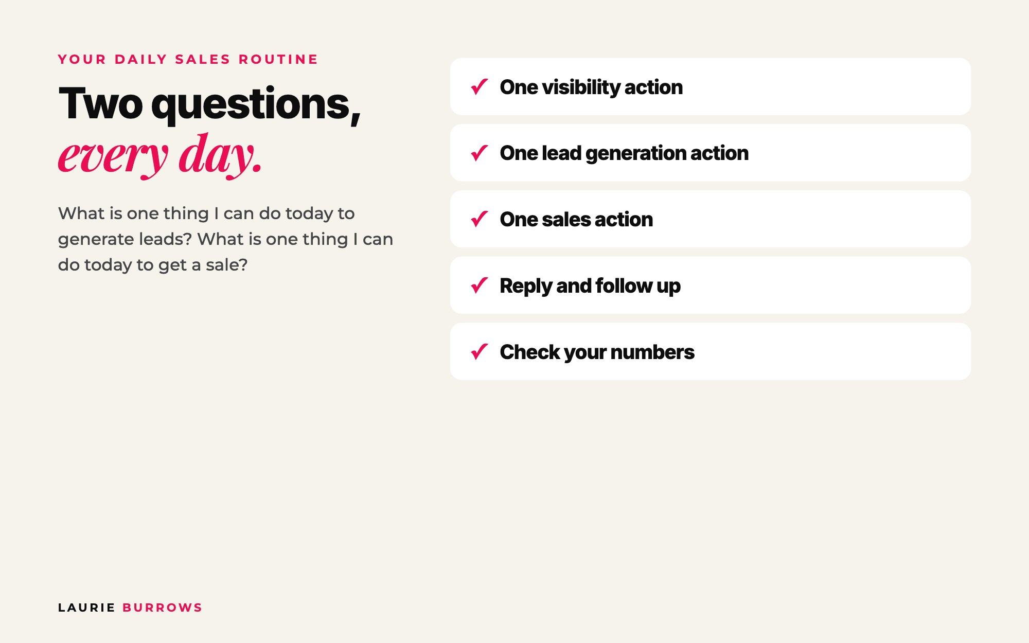 Daily sales checklist: one lead generation action, one sales action, conversations, follow ups, numbers