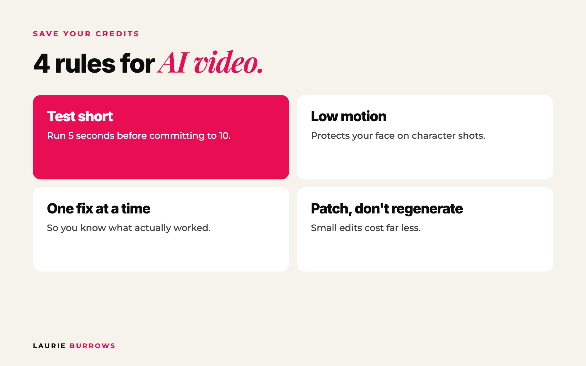 Rules for creating AI video ads that save credits: test short clips, low motion for faces, one fix at a time, patch not regenerate