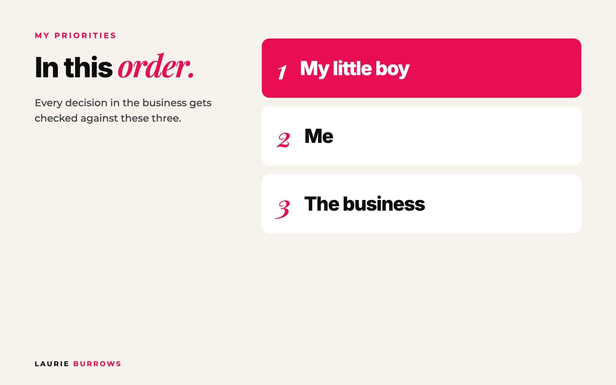 Three priorities: my little boy, me, then the business