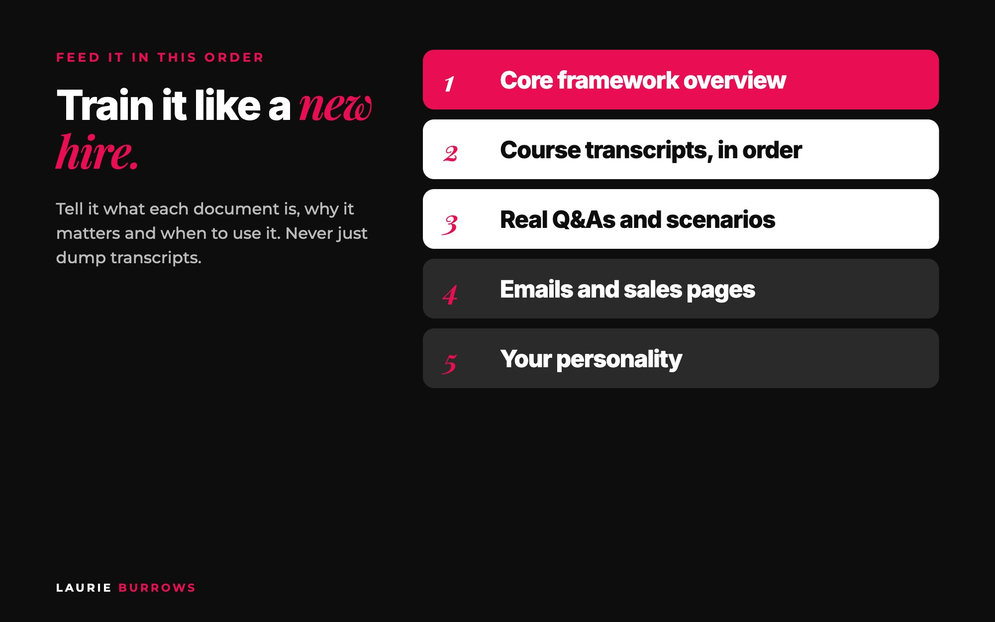 The order to feed knowledge into a custom AI: frameworks, course transcripts, real scenarios, sales content, personality