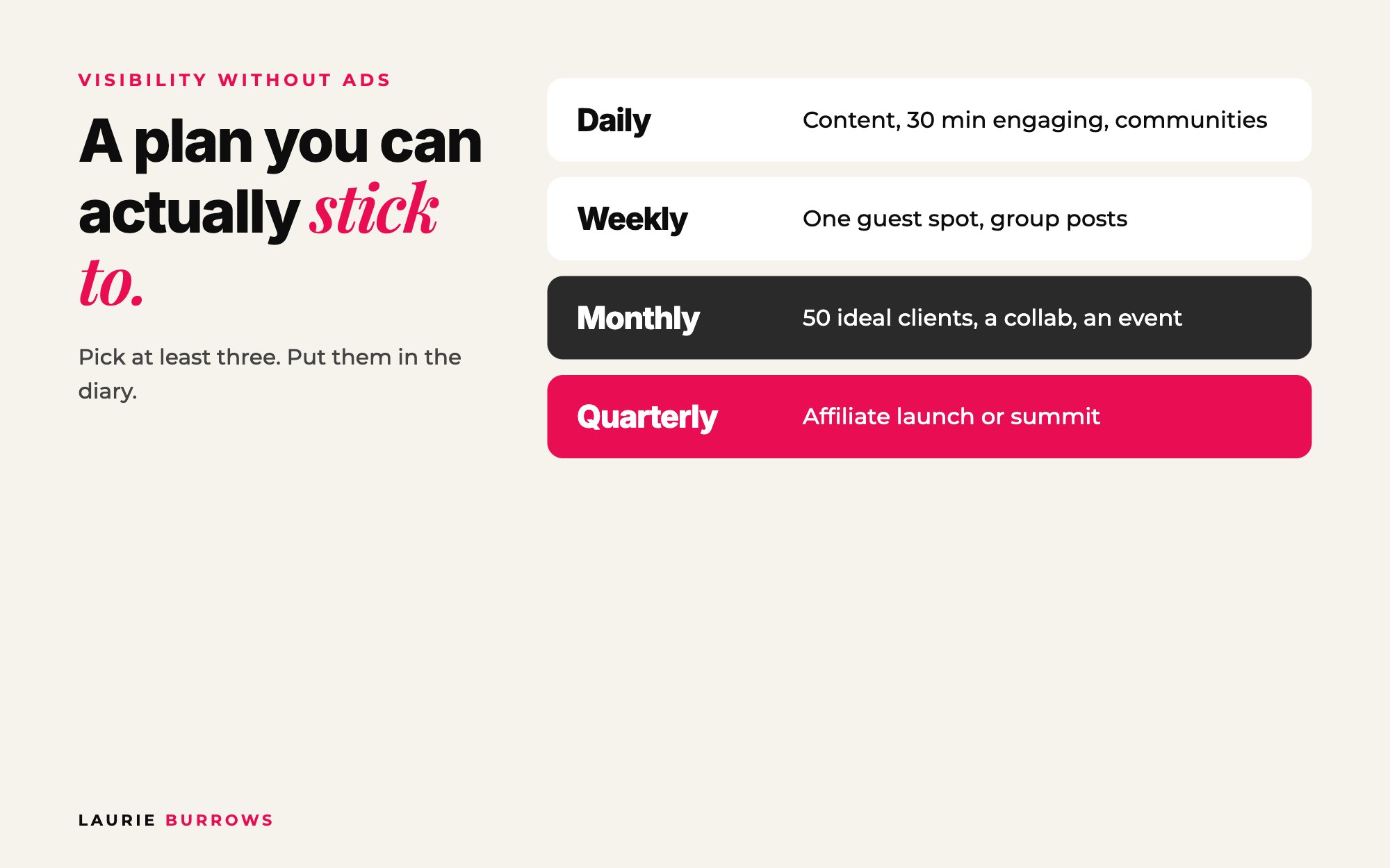 Visibility without ads: daily, weekly, monthly and quarterly plan for coaches