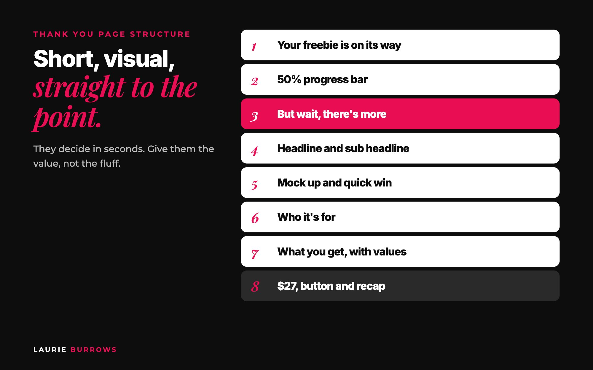 Thank you page structure: delivery message, but wait there is more, headline, mock up, who it is for, what you get with values, price and button