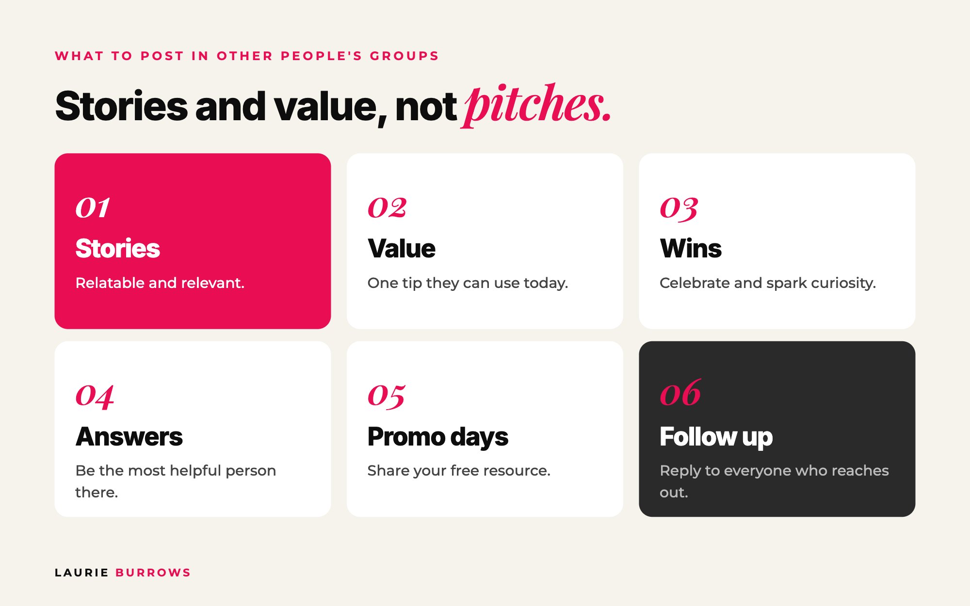 What to post in other people's Facebook groups: stories, value, wins, answers and promo days