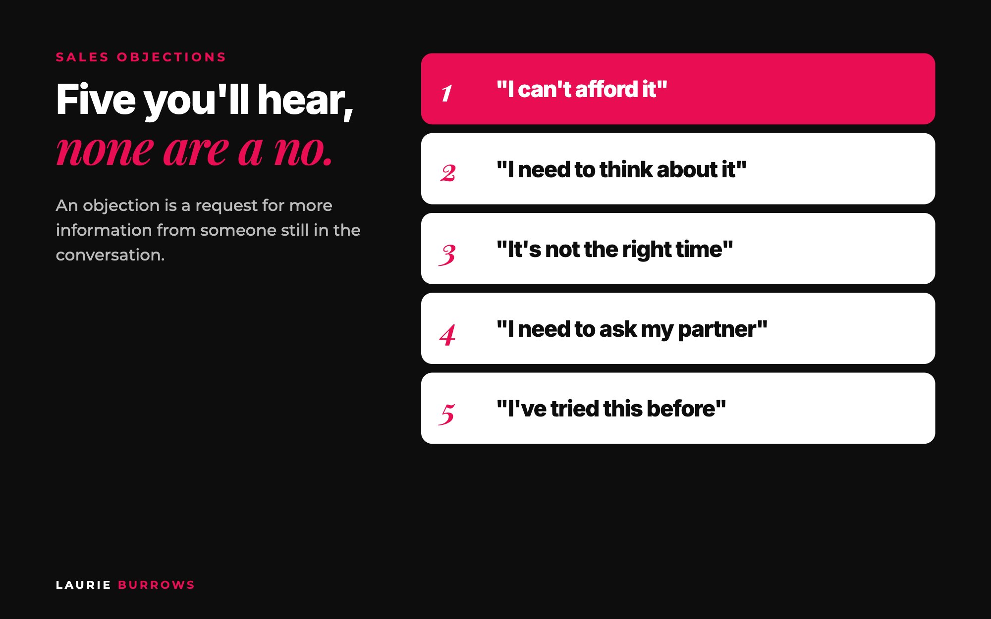 The five most common sales objections: I can not afford it, I need to think about it, not the right time, ask my partner, tried it before