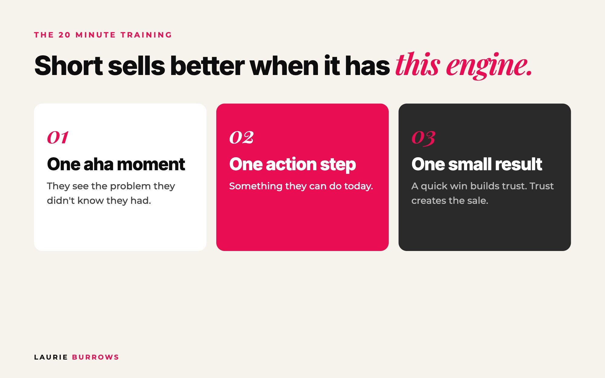The 20 minute training formula: one aha moment, one action step, one small result builds trust