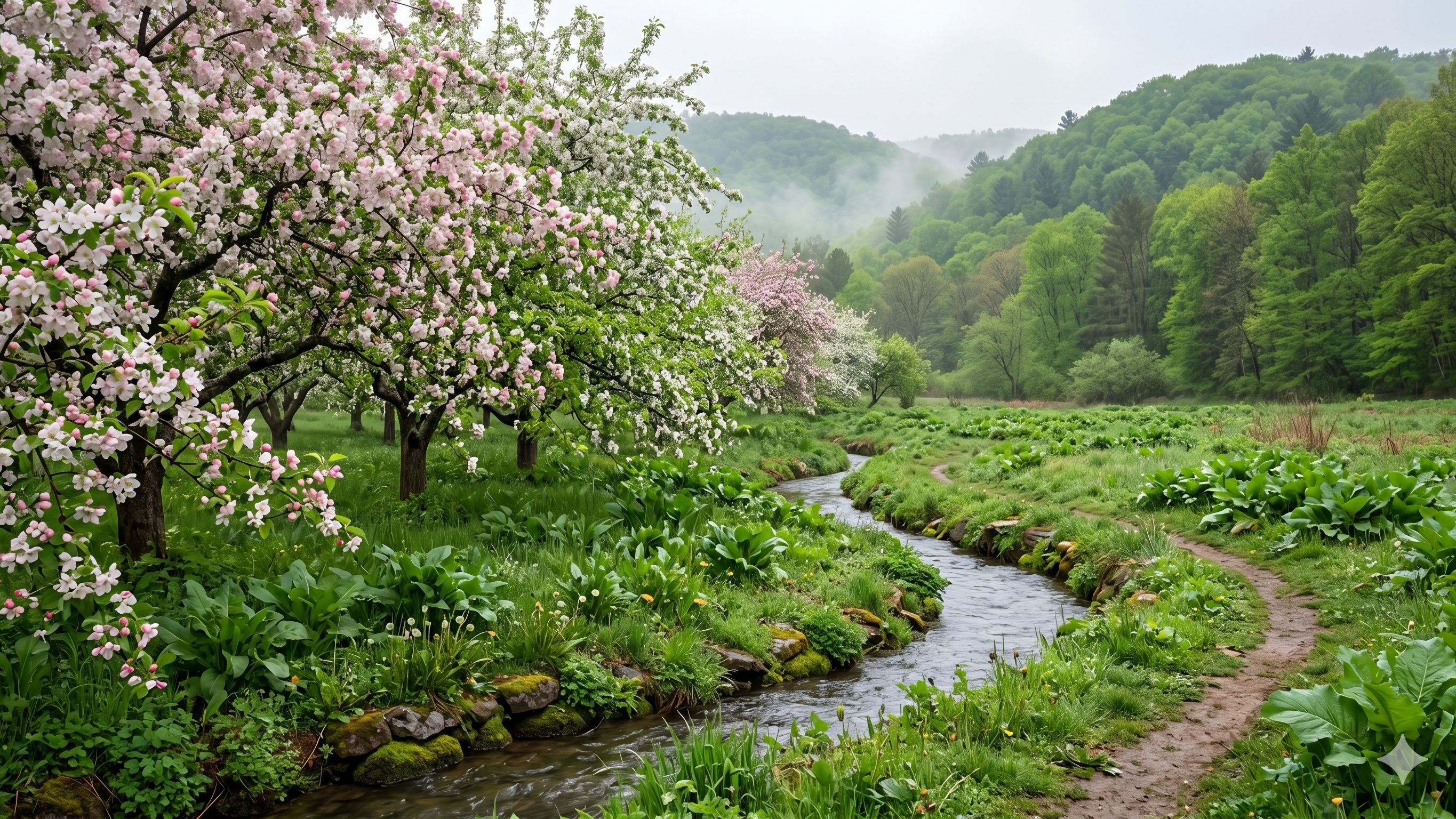A lush late-spring landscape featuring blooming pink crabapple trees beside a winding stream, surrounded by vibrant green plants and mist-covered hills.