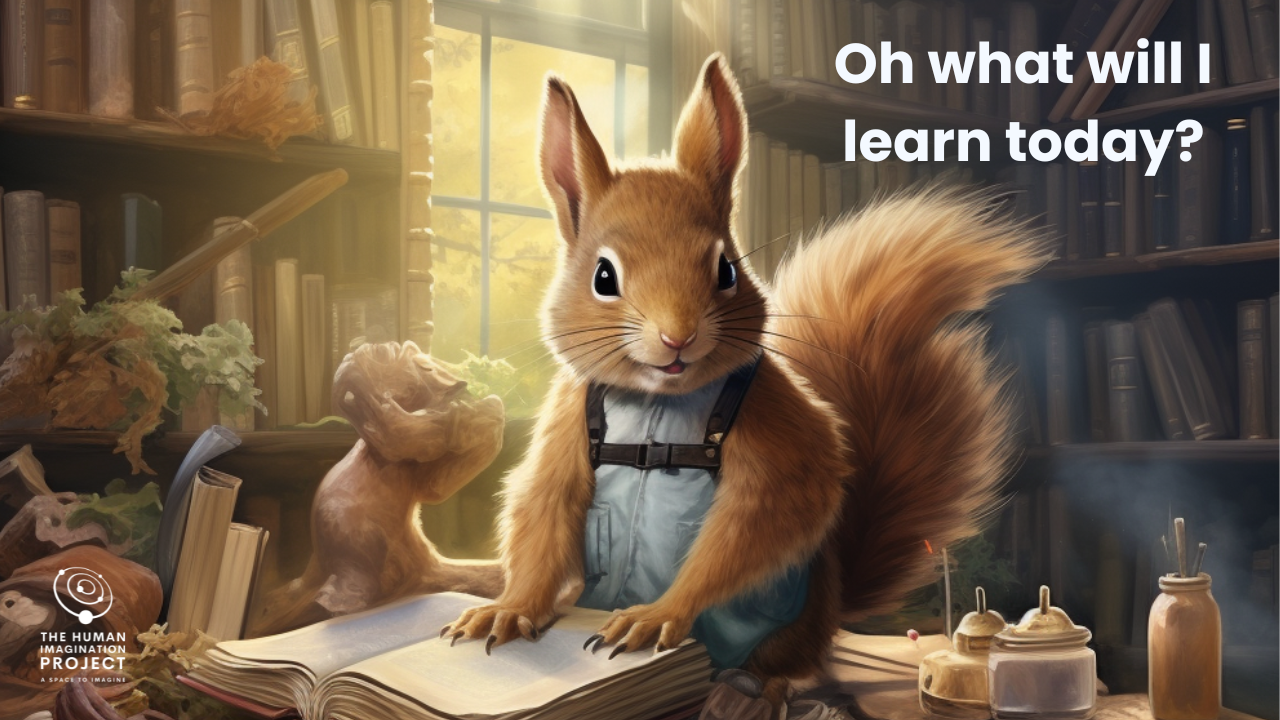 An AI generated image of a squirrel in the style of a painting. The squirrel is wearing overalls and standing at a desk. There is an open book on the desk along with ink pots, a tree branch other other curiousities. Behind the  squirrel are bookshelves filled with books and a window. It is daylight outside and light shines in through the window. Above the squirrel are the words, "Oh What will I learn today?"