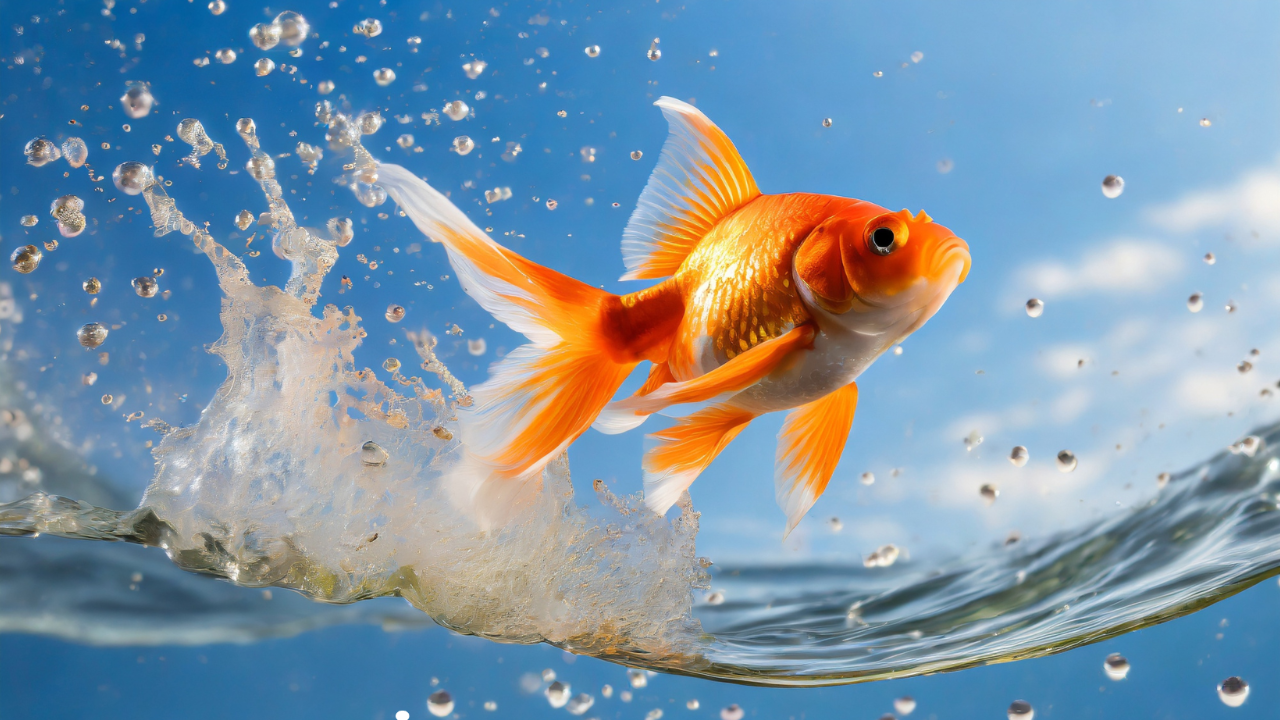 An orange goldfish is leaping out of a freshwater pond. In the background there are water droplets hovering against a blue sky behind the fish as it jumps.