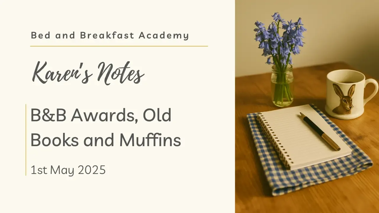 "Karen's Notes blog cover image for 1st May 2025, featuring a notebook and pen on a blue gingham cloth, a mug with a hare illustration, and a small jar of bluebells on a rustic wooden table."
