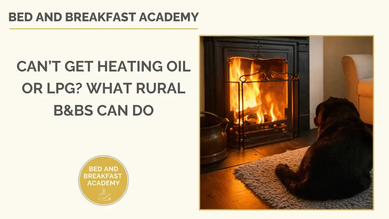 Blog header reading “Can’t get heating oil or LPG? What rural B&Bs can do” beside a photo of a dog lying by a wood-burning fire