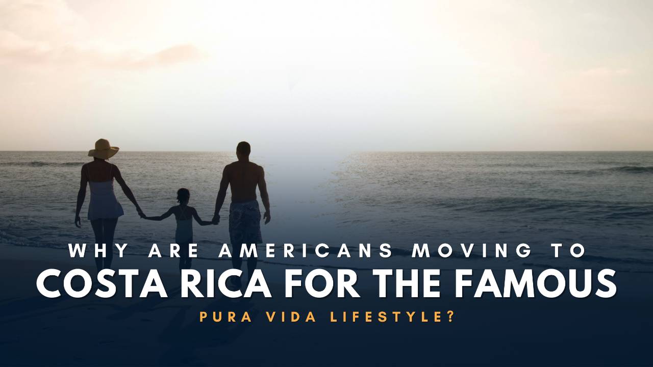 Americans moving to Costa Rica for Pura Vida lifestyle. Family silhouette on a tropical beach at sunset representing relocation and expatriate life.