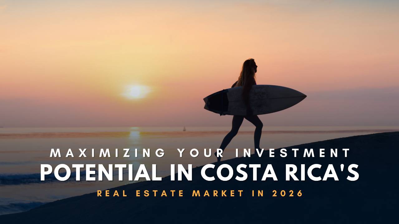 Costa Rica real estate investment 2026. Silhouette of a surfer on a beach at sunset representing the lifestyle appeal of the Costa Rican property market.