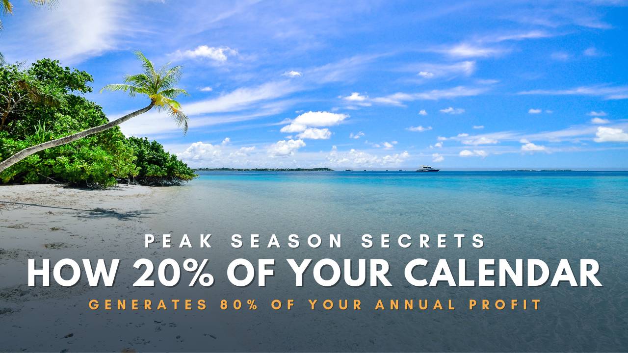 Beautiful tropical beach with crystal-clear water and a palm tree, illustrating peak season strategies for generating 80% of annual profit from 20% of the calendar.