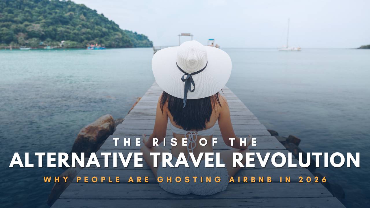 Alternative travel trends 2026 and Airbnb competitors. Woman in sun hat on a tropical dock representing new travel preferences.