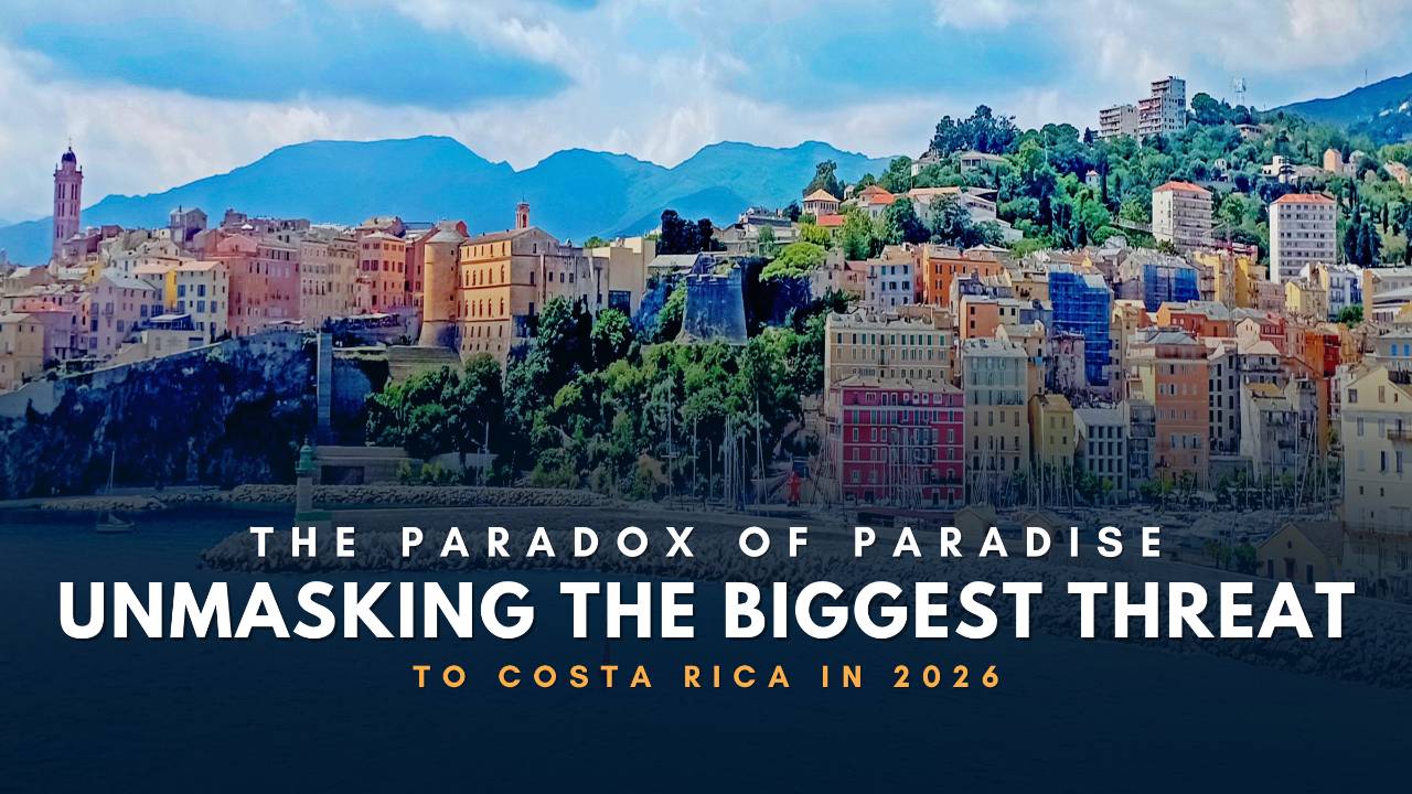 Costa Rica real estate market threats 2026. Mediterranean-style coastal town with dense hillside housing and harbor view.