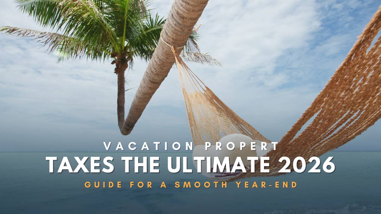An image showcasing a serene beach scene with a hammock and palm trees, featuring overlaid text reading 'VACATION PROPERT TAXES THE ULTIMATE 2026 GUIDE FOR A SMOOTH YEAR-END' in a clean, modern font.